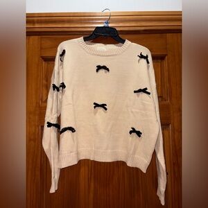 NWT Dreamers by Debut Cream Sweater with Black velvet Bow Details